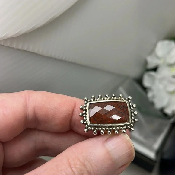 Vintage Sterling Silver Jasper Ring with Ornate Beaded Setting – Size 6.75 - Picture 7 of 14